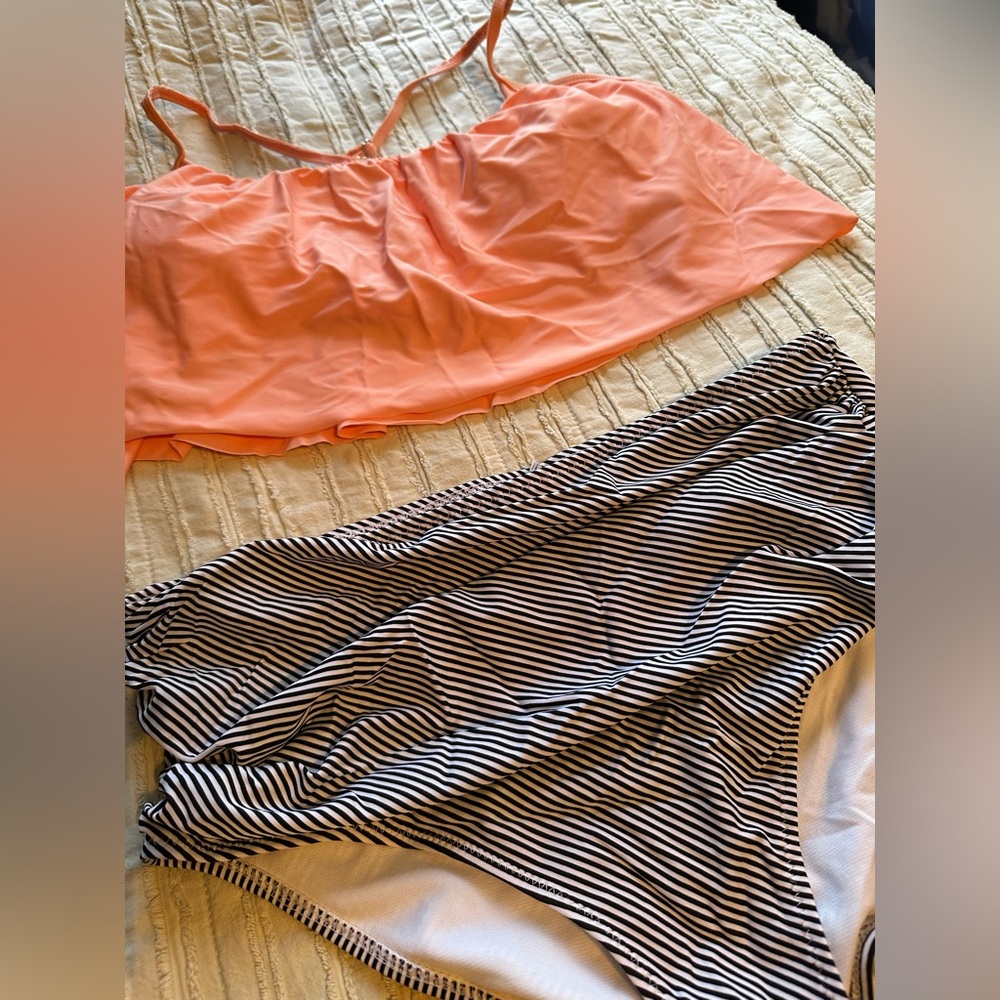 Coral Ruffle Bikini Top with Black & White Striped High Waist Bottoms - Picture 2 of 6